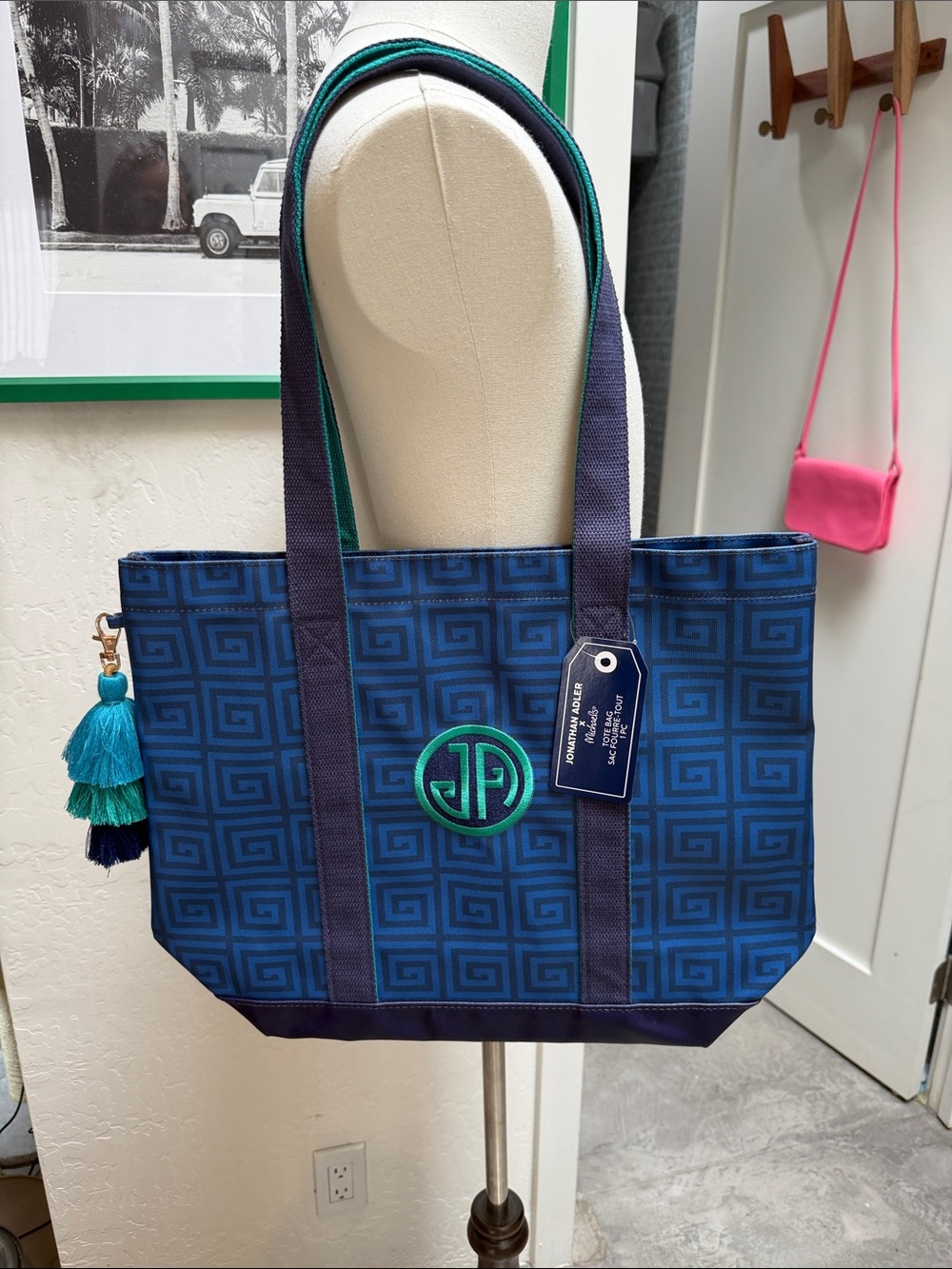 Jonathan Adler Navy and Teal Geometric Tote